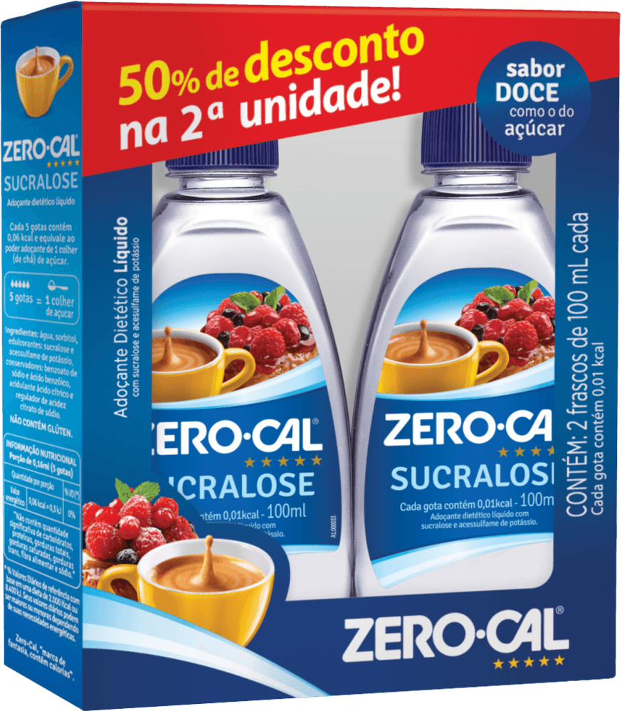 Adoçante Líquido Sucralose Zero Cal 200ml 2 Unidades de 100ml Cada Grátis 50% Desconto na Segunda Unidade