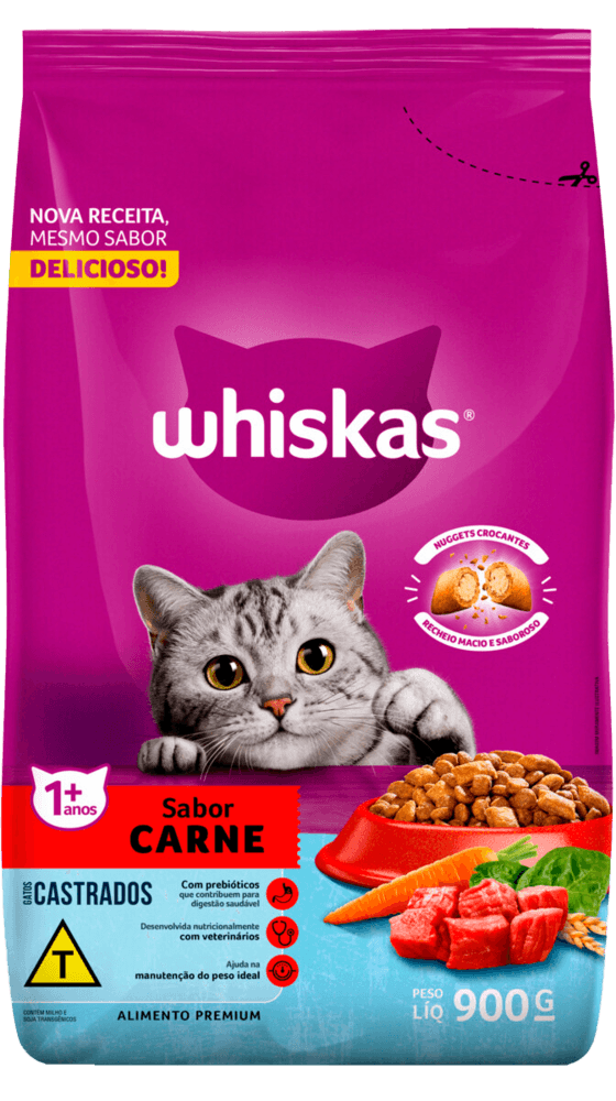 Alimento Premium para Gatos Castrados Adultos Carne Whiskas Pacote 900g